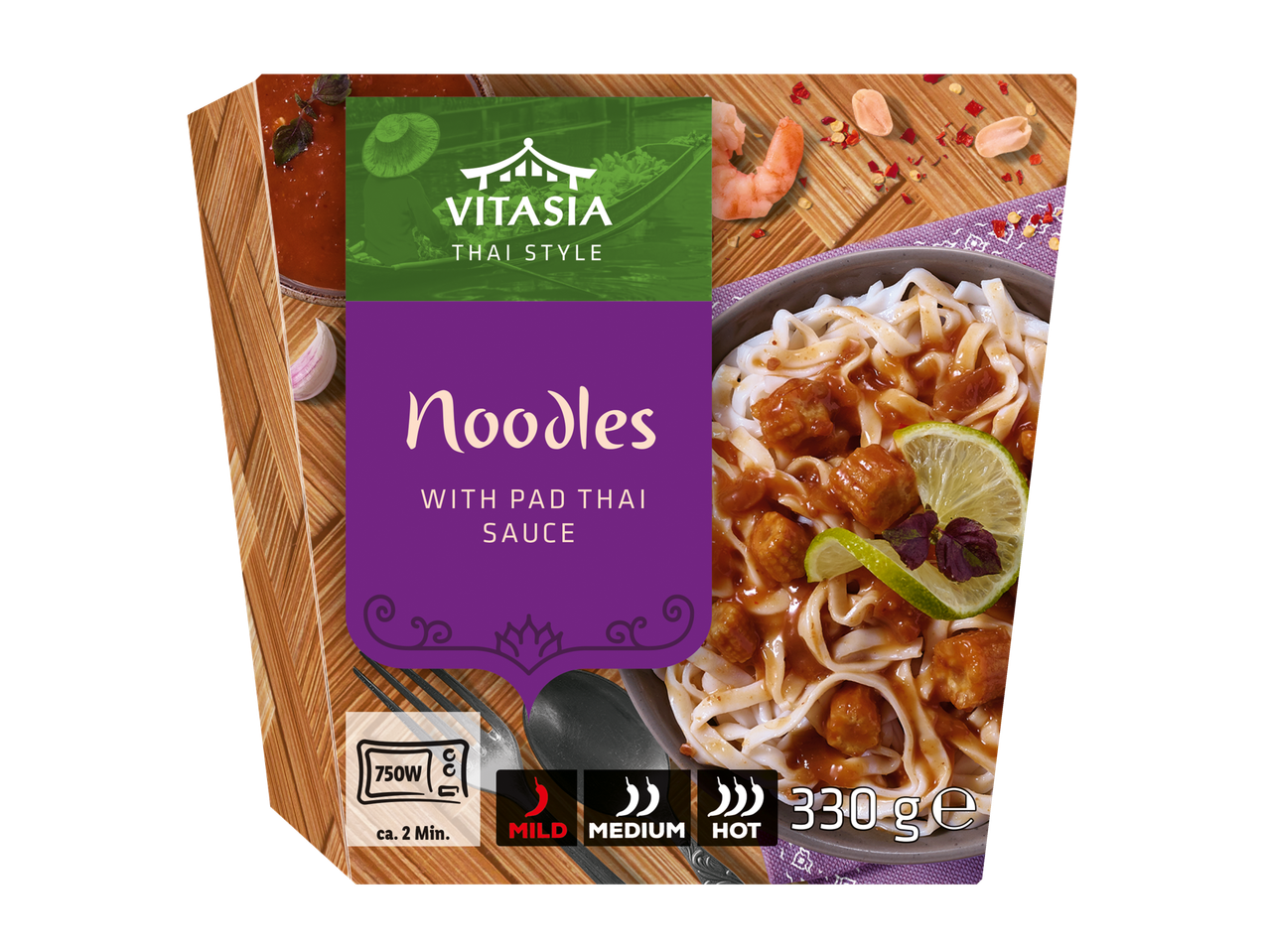 Vitasia makaronai su Pad Thai padažu, 330g, su švelniu, vidutiniu ir aštriu prieskonių lygiu.