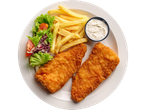 Breaded fish fillets, french fries, and salad.