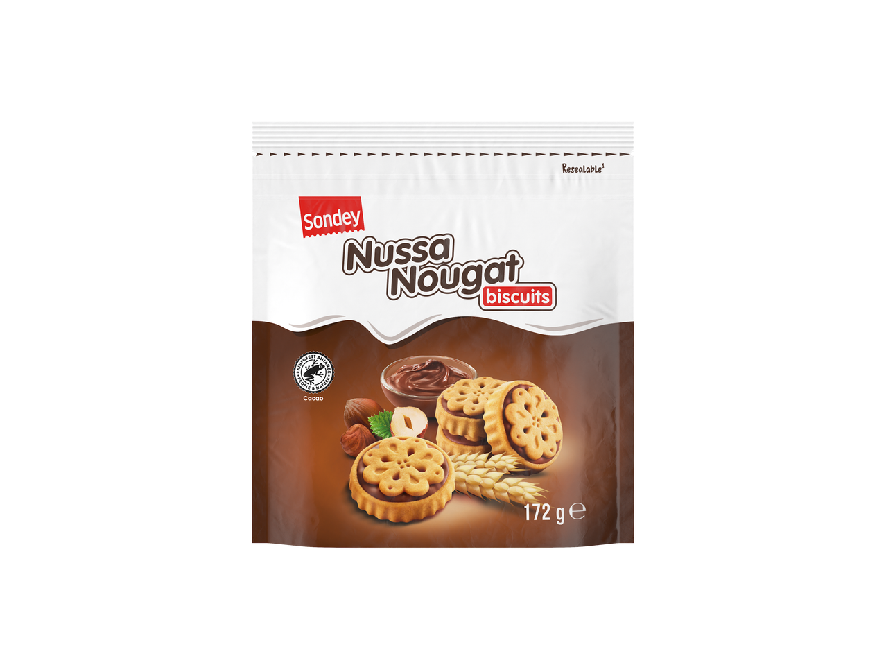 Sondey Nussa Nougat, biscuiți cu cremă de alune și cacao, 172g.