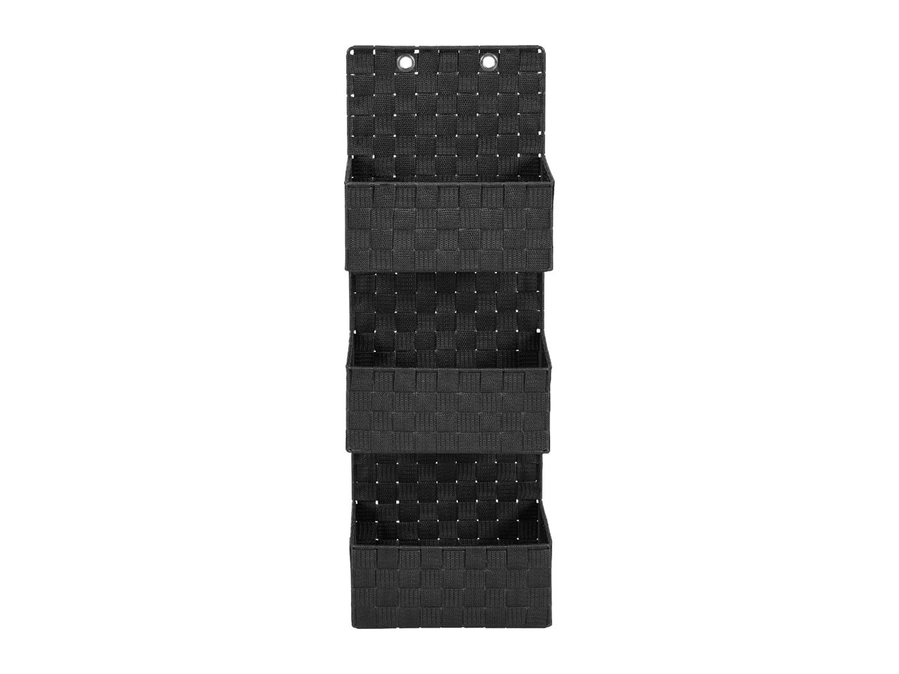 Black woven 3-tier hanging organizer with metal grommets