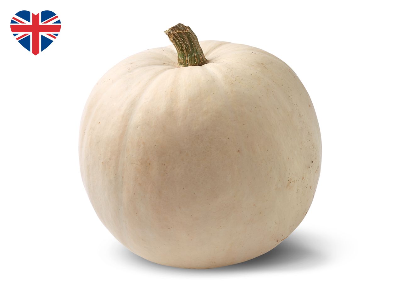 A white pumpkin with a green stem and a heart-shaped Union Jack flag in the top left corner.