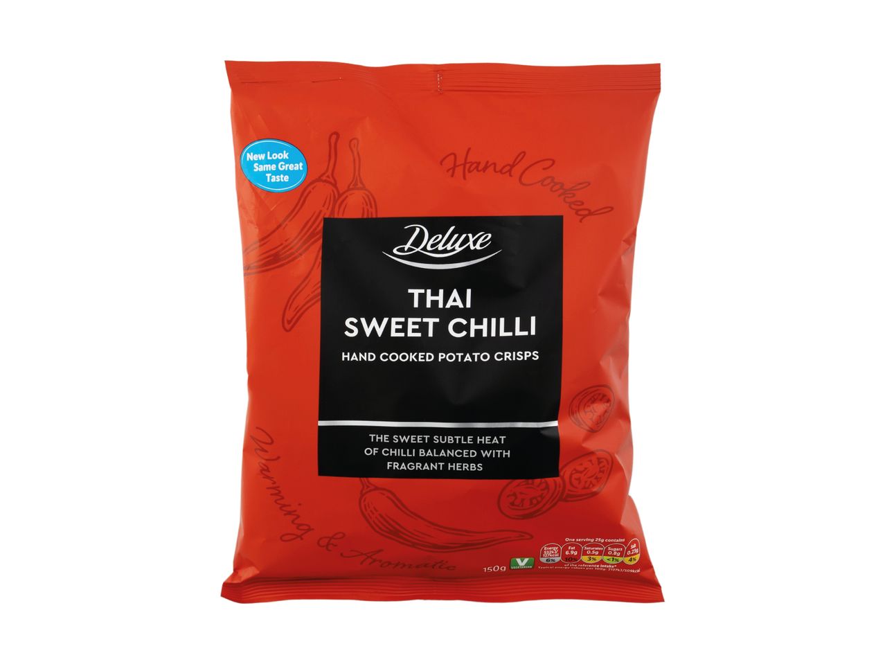 A bag of Thai Sweet Chilli hand-cooked potato crisps with a 'New Look, Same Great Taste' label.