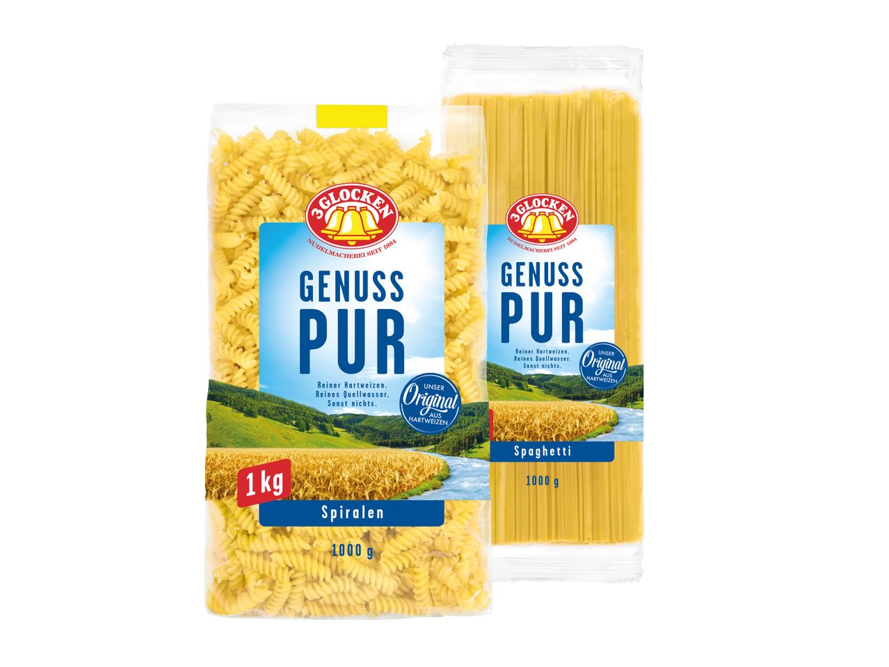 Zwei Packungen 3 Glocken Genuss Pur Nudeln: Spiralen (1kg) und Spaghetti (1kg).