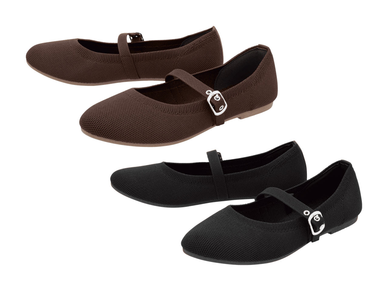 Deux paires de ballerines Mary Jane en maille, une marron et une noire.