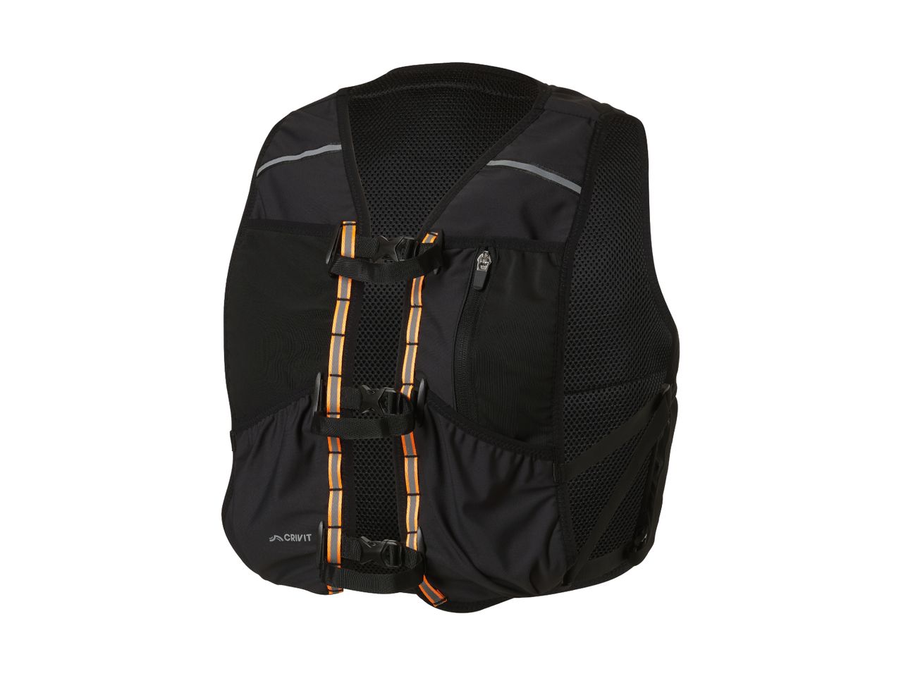 Black running vest with orange and grey reflective straps and mesh back