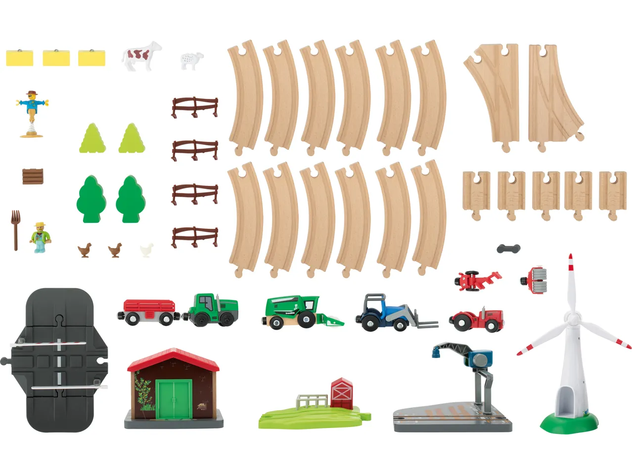Lupilu set sa drvenim vozom, farmom, vozilima i dodacima.