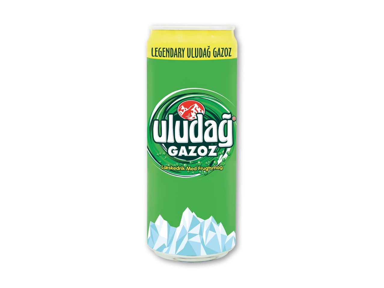 Grøn sodavandsdåse med hvidt logo, bobler og isbjerge, tekst: 'LEGENDARY ULUDAĞ GAZOZ'.