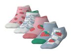 Five pairs of ankle socks with strawberry and heart patterns in pink, blue, and white.