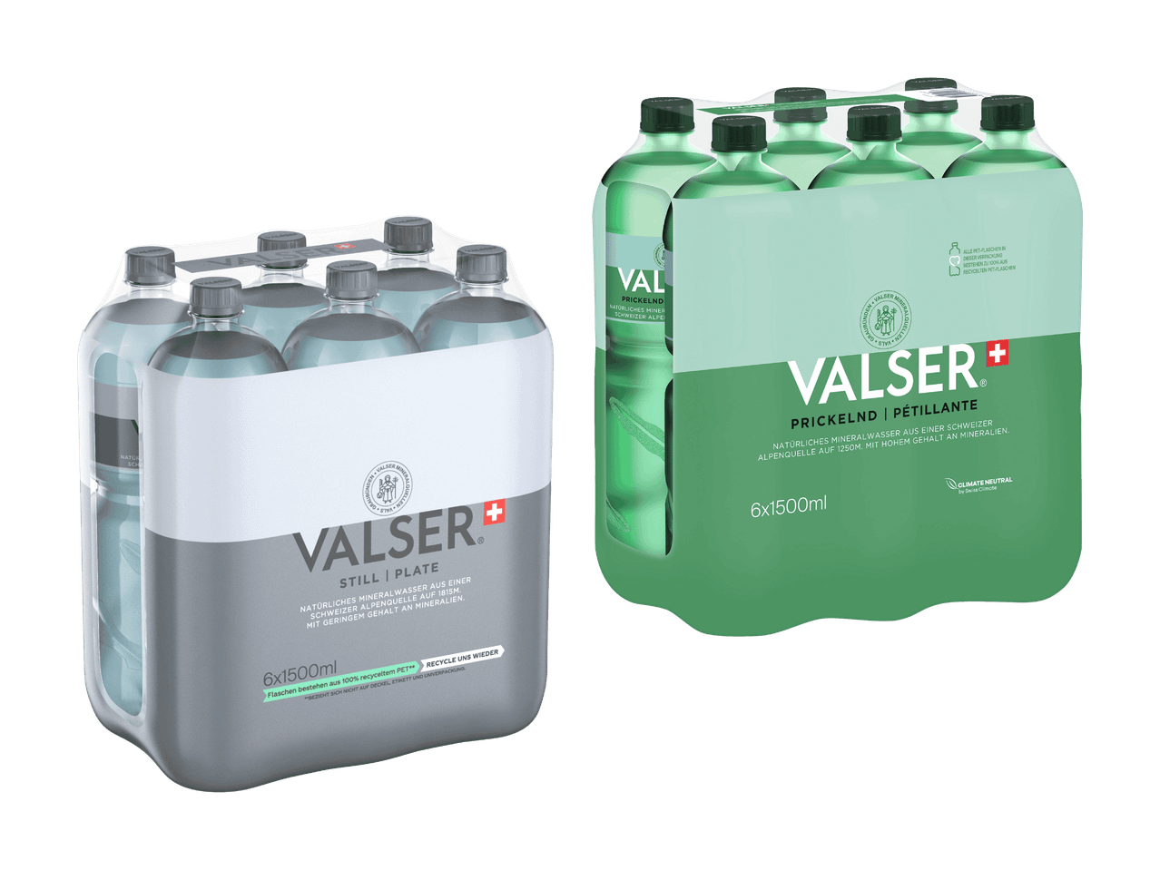 Zwei 6er-Packs Mineralwasserflaschen, eine still und eine prickelnd, mit Recycling-Hinweisen.