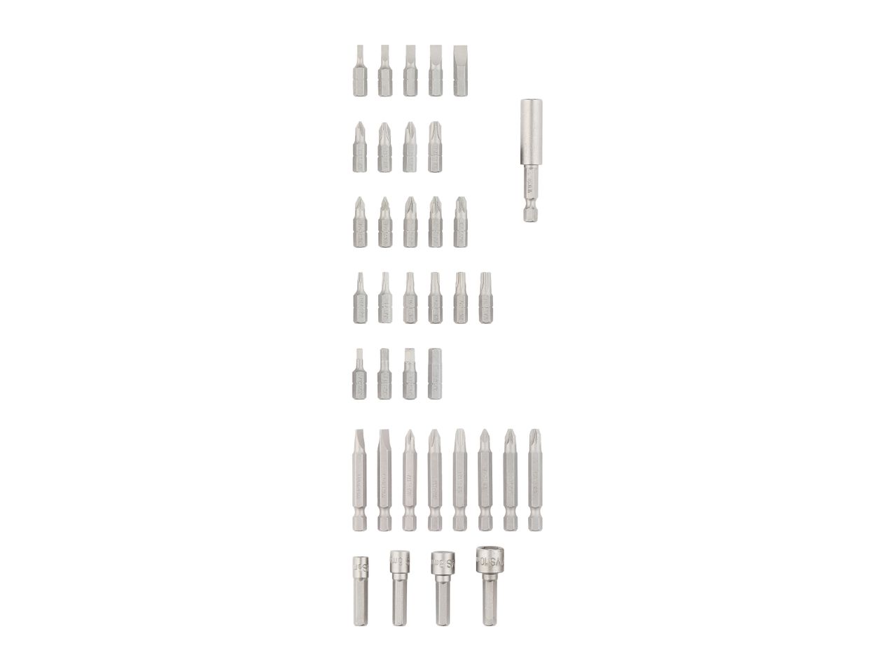 A set of various screwdriver bits and nut setters in silver metal.