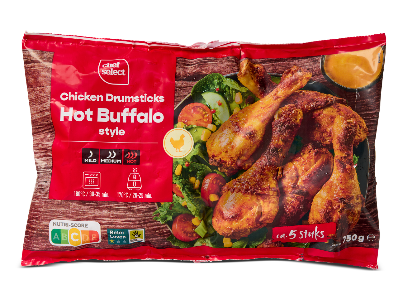 Een verpakking met diepgevroren kipdrumsticks in Hot Buffalo-stijl.