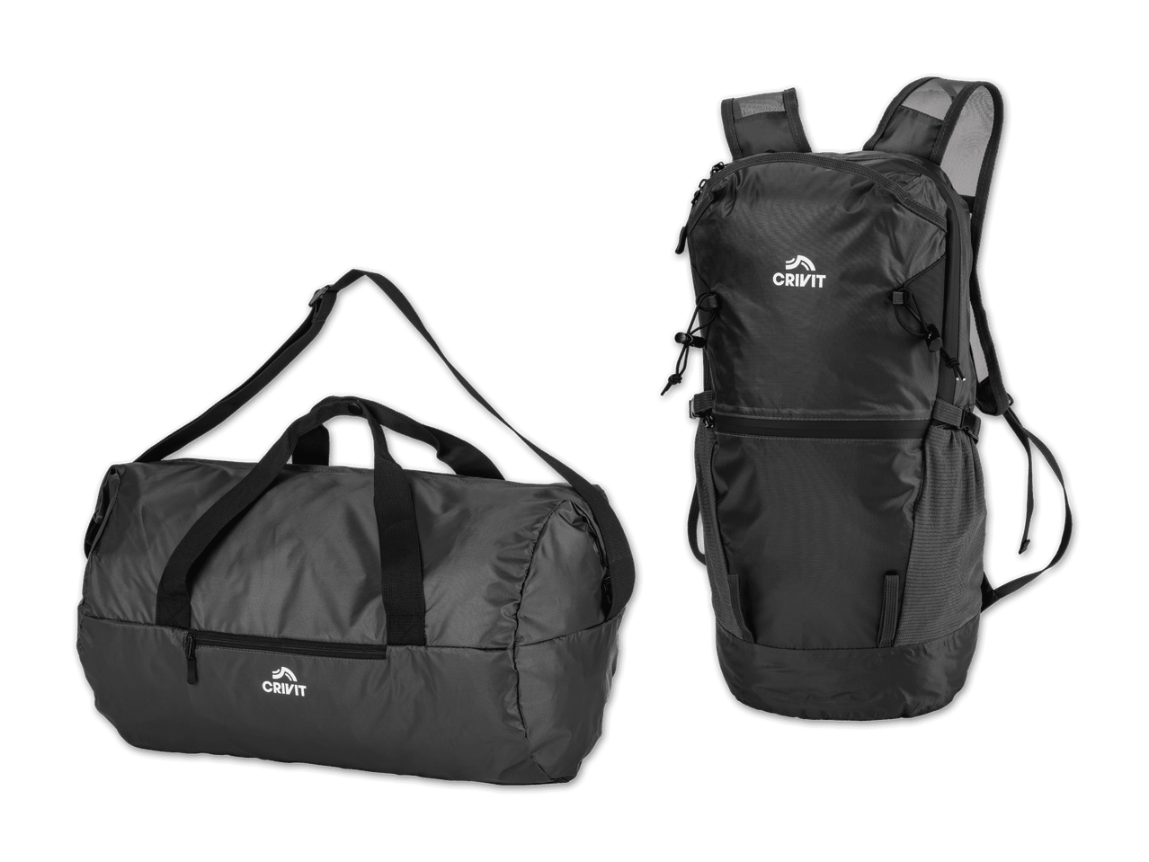 Zwei schwarze Taschen: eine Sporttasche und ein Rucksack mit Crivit-Logo.