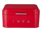 Red retro-style bread bin with the year 1973 in silver lettering