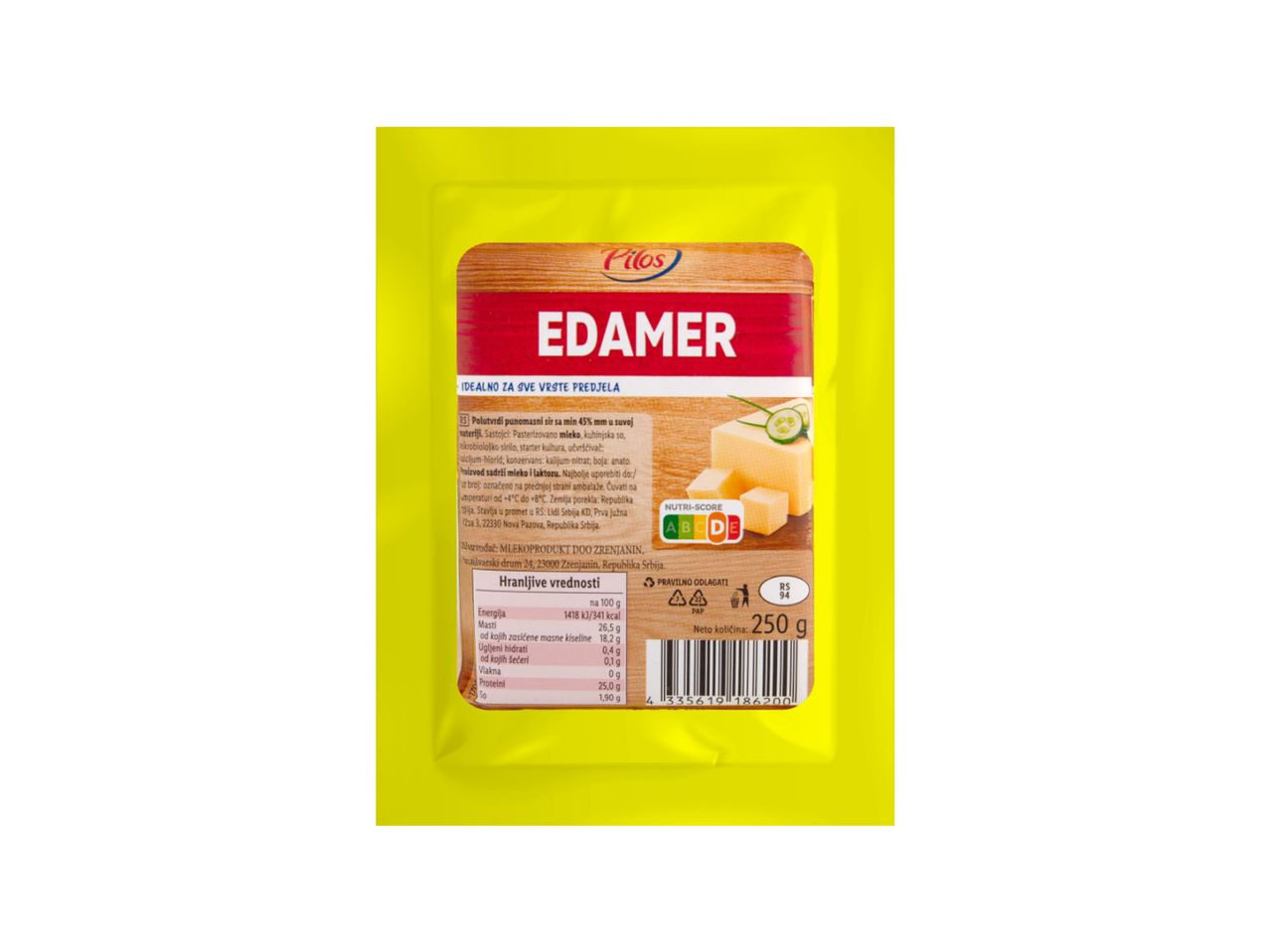 Pakovanje Edamer sira marke Pilos sa informacijama o ishrani i Nutri-Score oznakom.