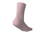 A single pink sock with grey anti-slip grips on the sole.