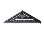 Parkside® Measuring Assortment: A black metric speed square with common rafter conversion tables.