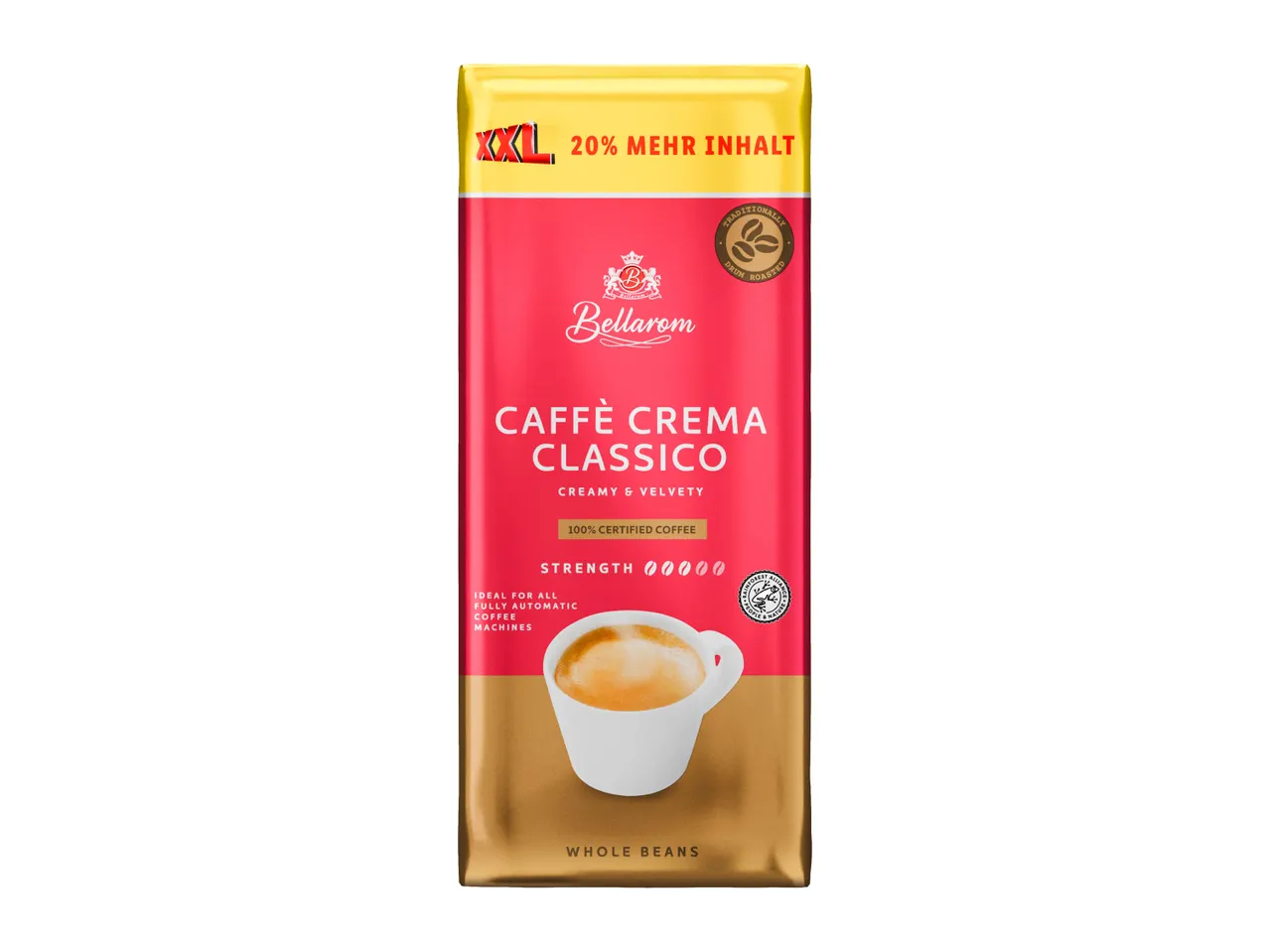 Bellarom Caffè Crema Classico whole bean coffee, XXL size, 20% more content.