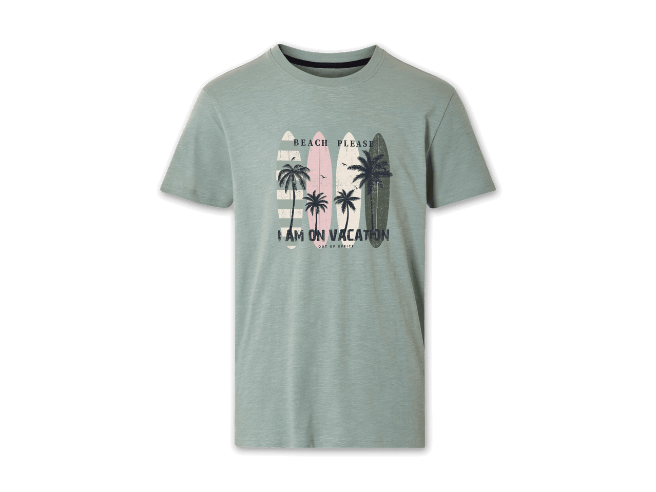 Hellgrünes T-Shirt mit Surfboard-Motiv.