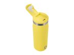 Yellow travel mug with an open lid and a silver band around the top.