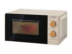 Cream-colored microwave oven with black door and wooden-look control knobs, showing power and timer settings.