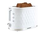 White two-slice toaster with textured honeycomb design and two slices of brown bread