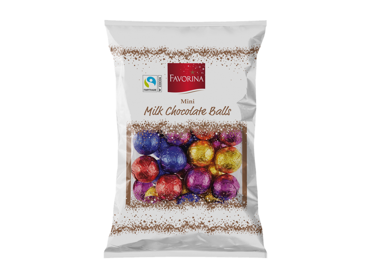 Favorina pieninio šokolado rutuliukai, supakuoti baltame maišelyje su Fairtrade logotipu.