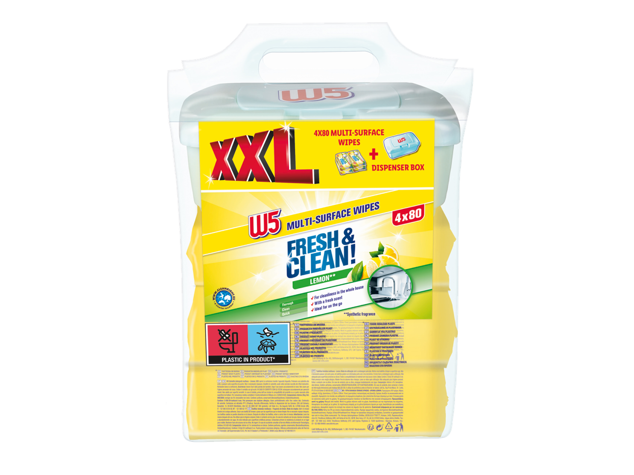 W5 XXL πολλαπλών επιφανειών μαντηλάκια, άρωμα λεμονιού, 4x80 μαντηλάκια σε δοσομετρικό κουτί.
