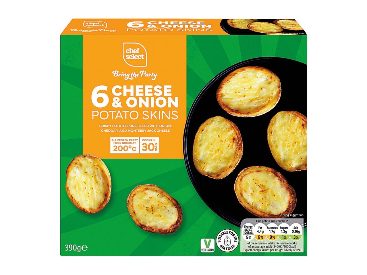 A box of 6 cheese and onion potato skins, suitable for vegetarians and air fryers.