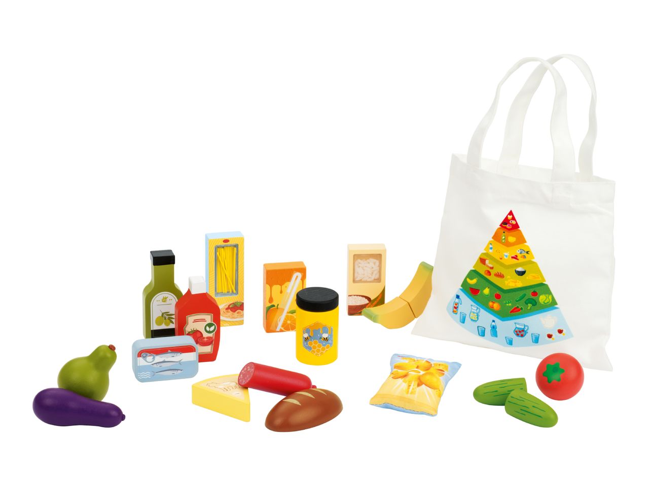 Wooden toy food items including fruits, vegetables, pantry staples, and a shopping bag with a food pyramid.