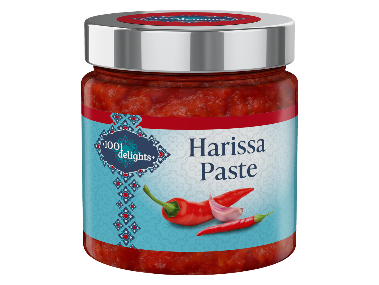 Jar of harissa paste with chili peppers and garlic on the label.