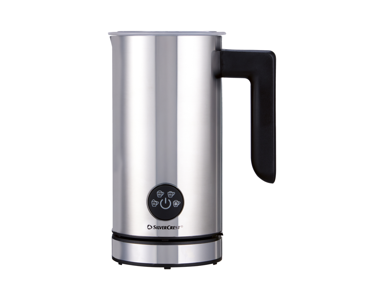 Silvercrest® nerūsējošā tērauda piena putotājs ar melnu rokturi un vadības paneli.