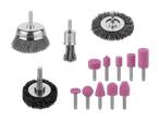 Set aus verschiedenen Schleif- und Bürstenaufsätzen für Elektrowerkzeuge.