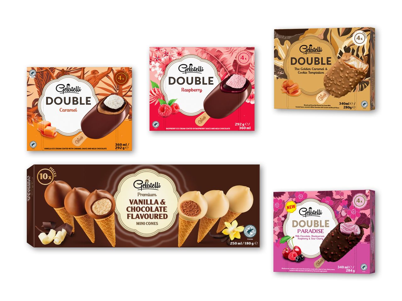 Forskellige isprodukter, herunder ispinde med karamel, hindbær og cookie-smag, samt mini-isvafler.