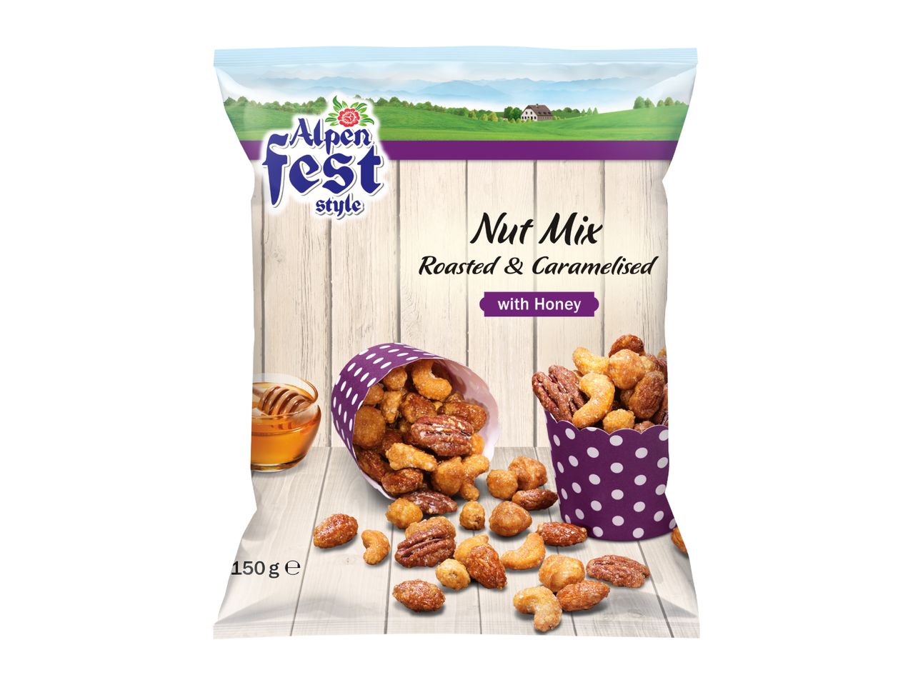 A 150g bag of roasted and caramelised nut mix with honey.
