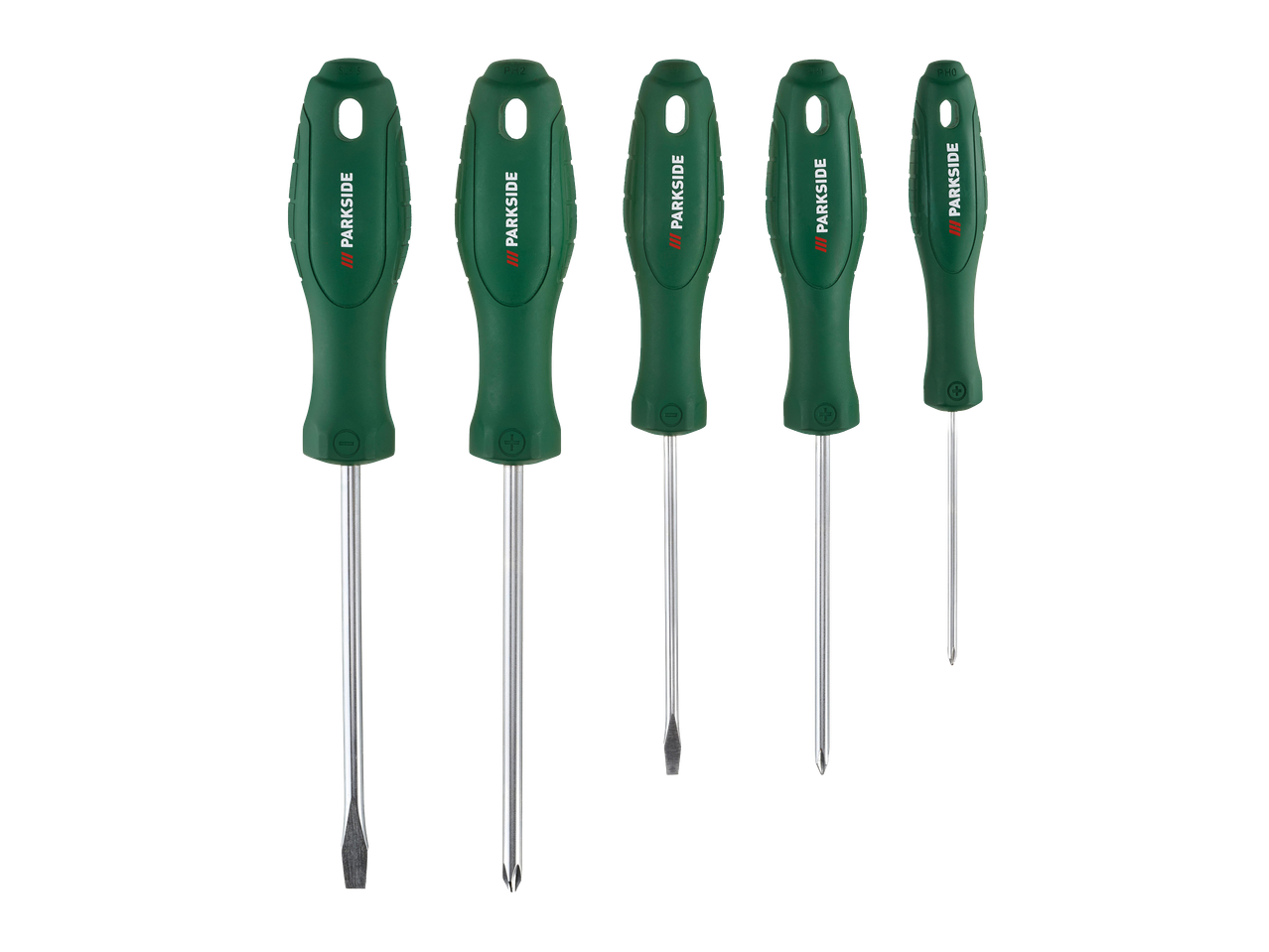 Öt csavarhúzó készlet zöld fogantyúval és különböző fejekkel, fekete háttér előtt.