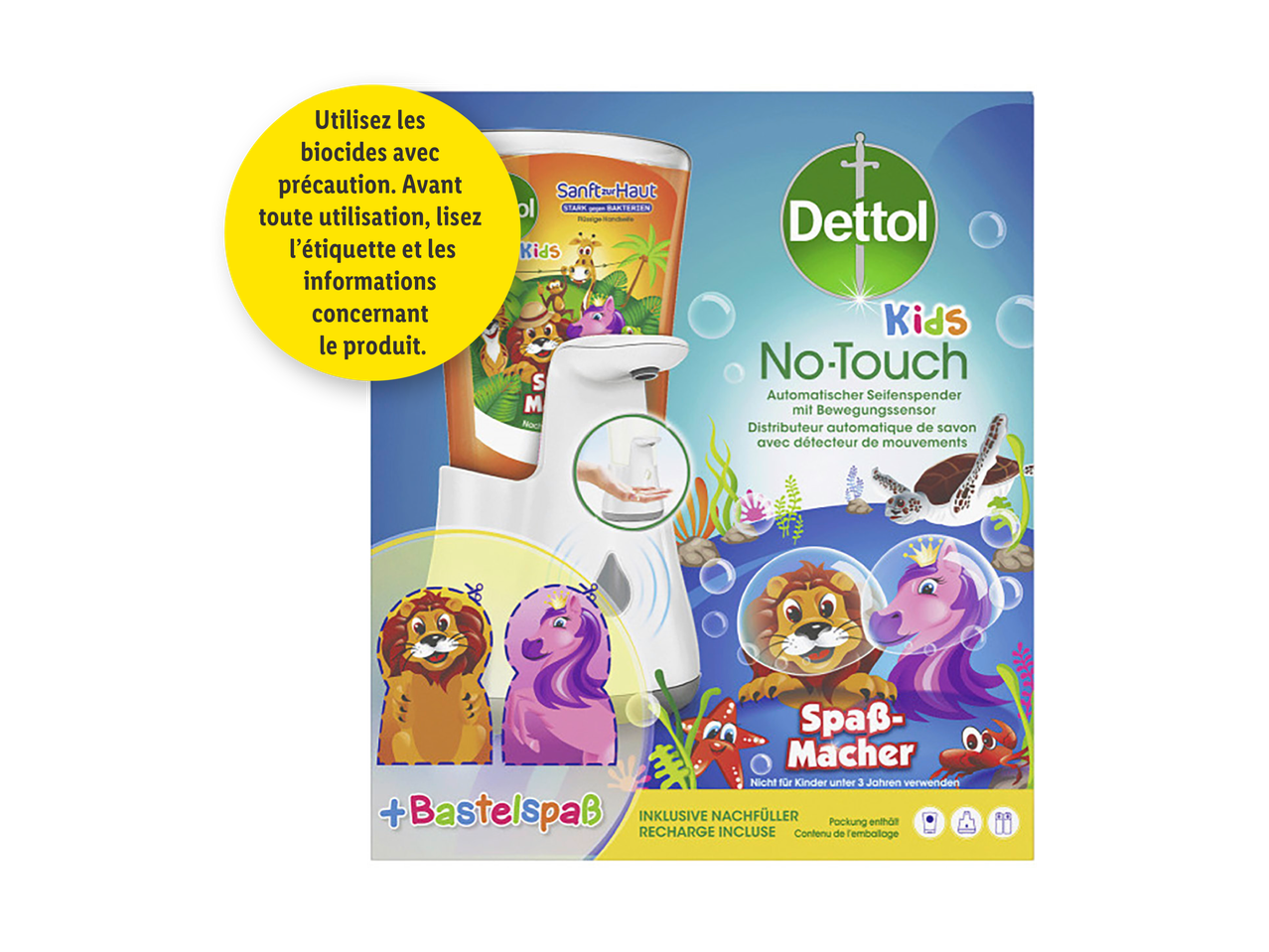 Distributeur automatique de savon pour enfants avec recharge incluse et décorations marines.