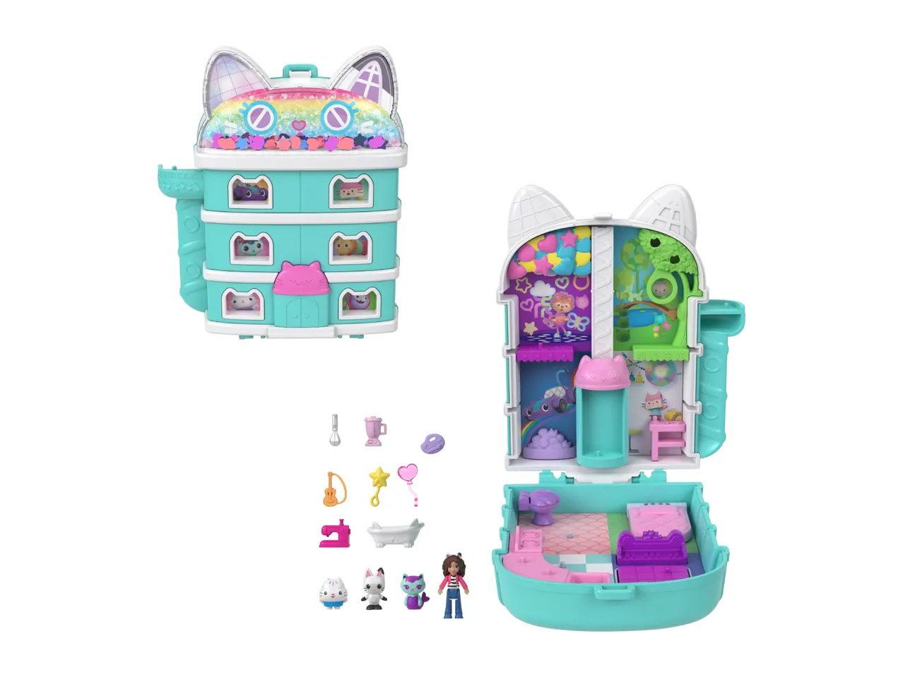 Gabby's Dollhouse playset with figures and accessories, closed and open views.