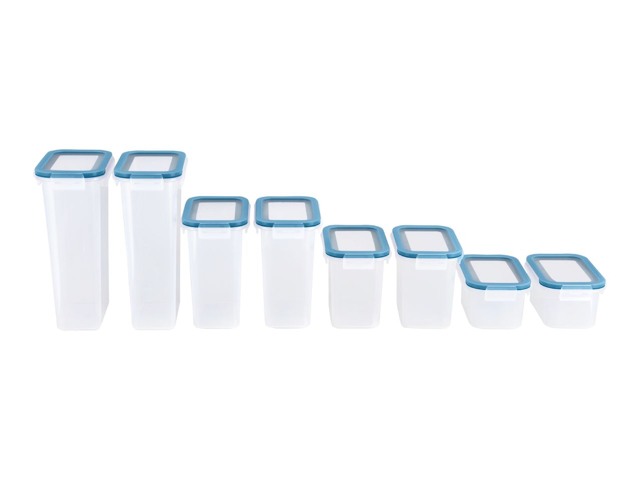 Set of eight clear plastic food storage containers with blue lids in various sizes