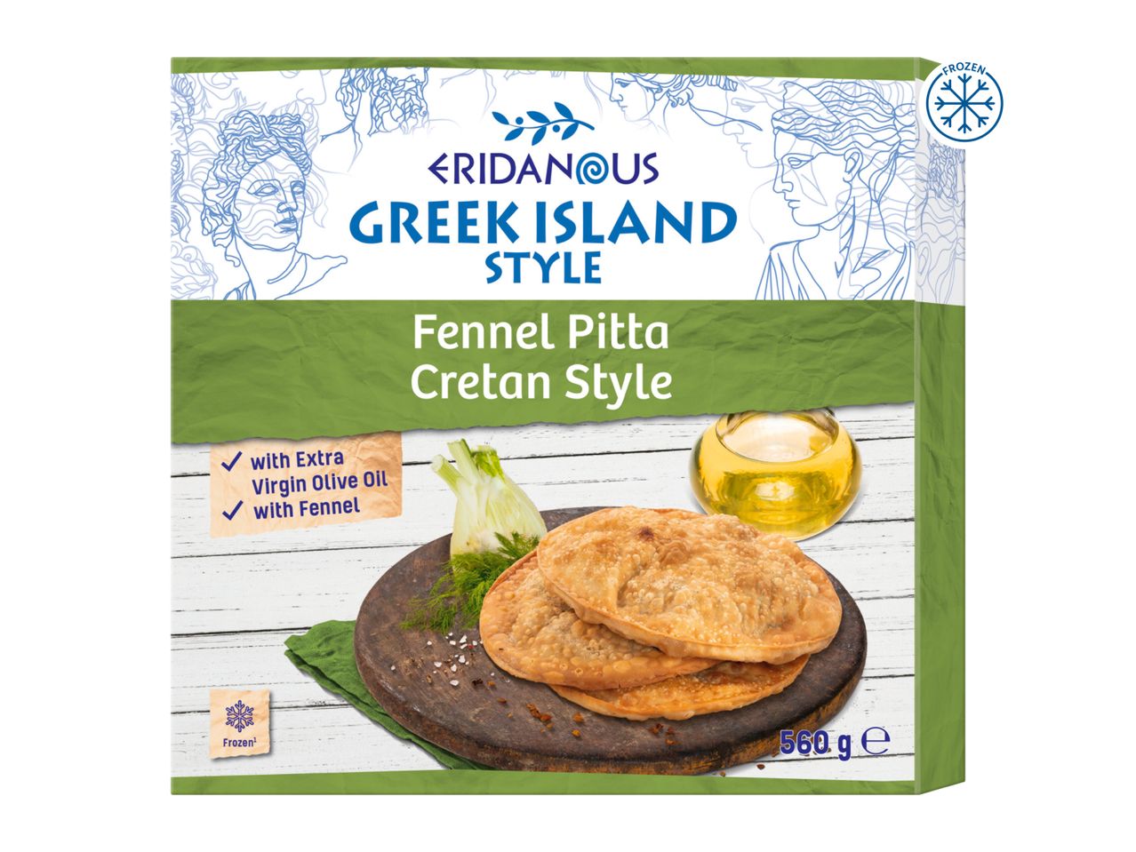 Eridanous Greek Island Style Fennel Pitta Cretan Style, frozen, with extra virgin olive oil.