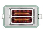 Top-down view of a two-slice toaster with two pieces of bread toasting inside.
