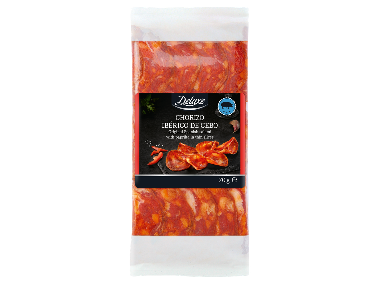Deluxe Chorizo Ibérico de Cebo, 70g iepakojums ar plānām šķēlītēm.