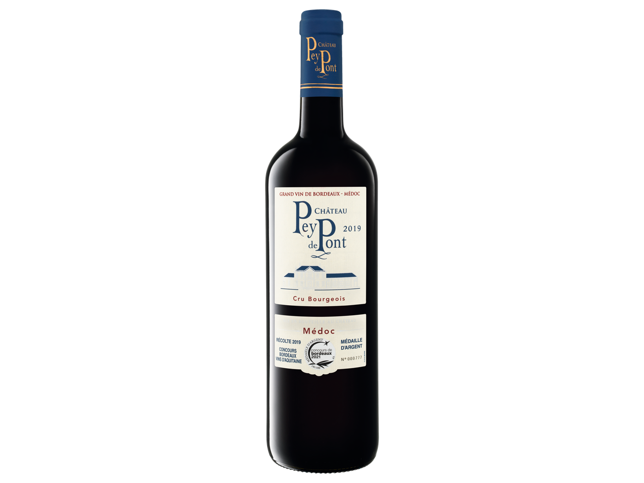 Château Pey de Pont 2019 Médoc Cru Bourgeois wine bottle.