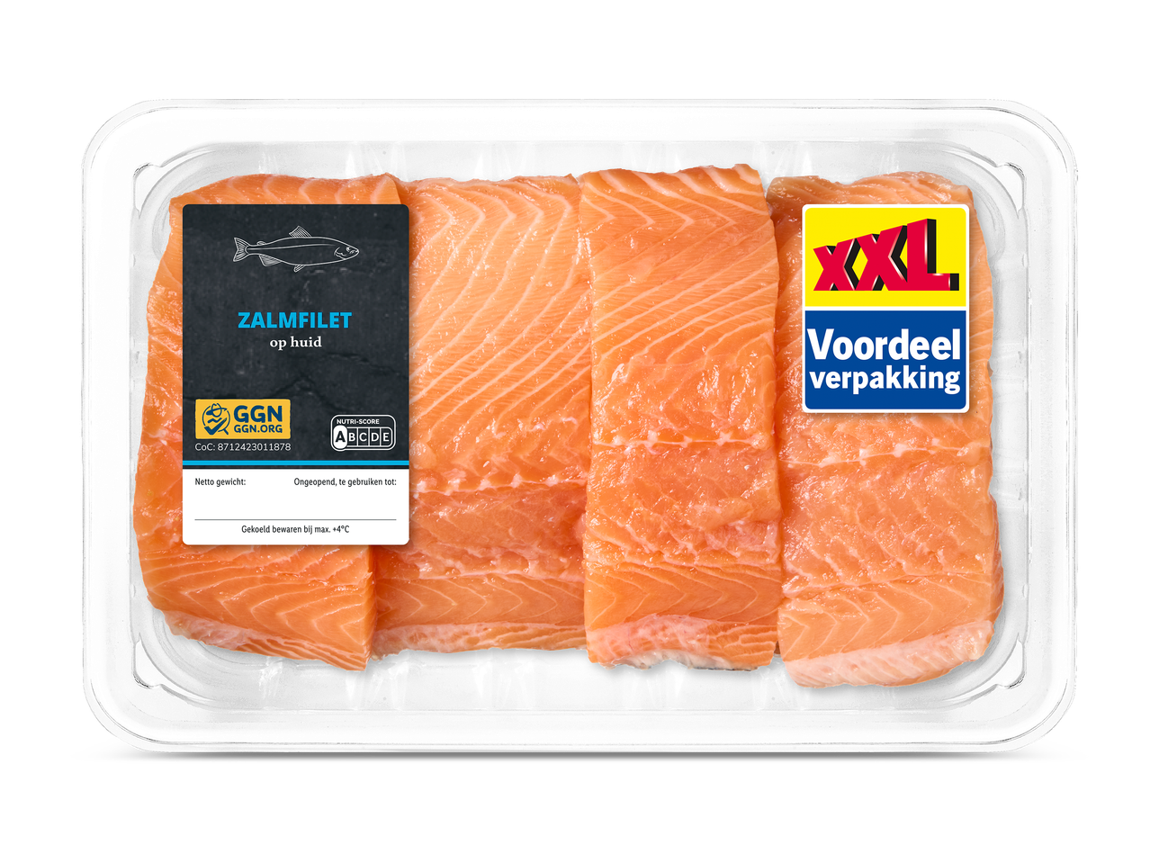 Verpakking met zalmfilet op huid, met Nutri-Score A en aanduiding 'XXL Voordeel verpakking'.
