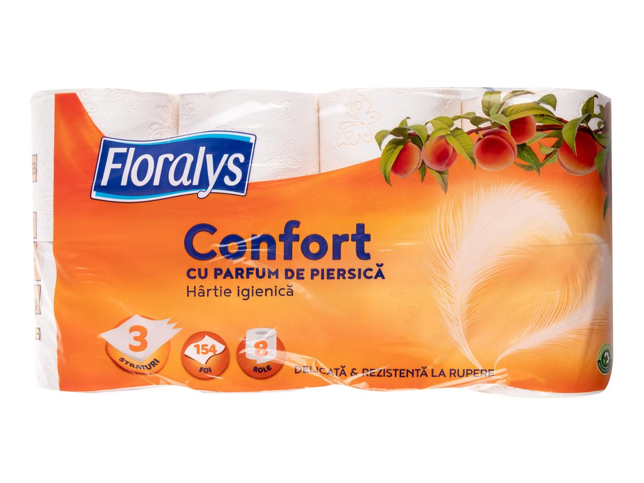 Pachet de hârtie igienică Floralys Confort, cu parfum de piersică, 8 role.