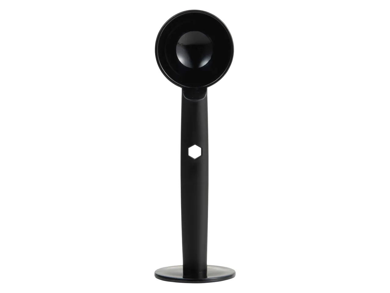 A black plastic scoop with a long handle and a circular base.