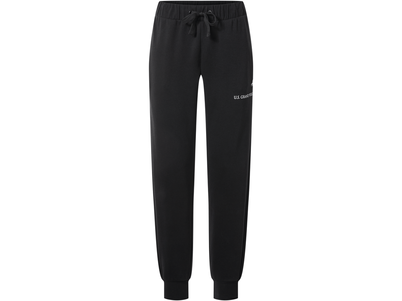 Melnas sporta bikses ar aukliņu un uzrakstu 'U.S. GRAND POLO'.