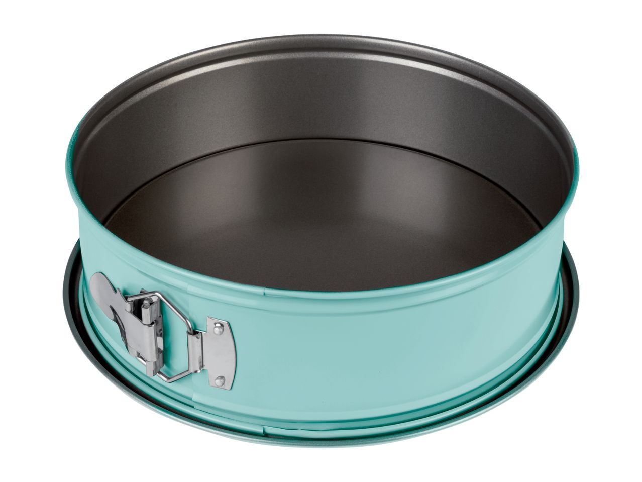 A light blue springform pan with a dark gray non-stick interior.
