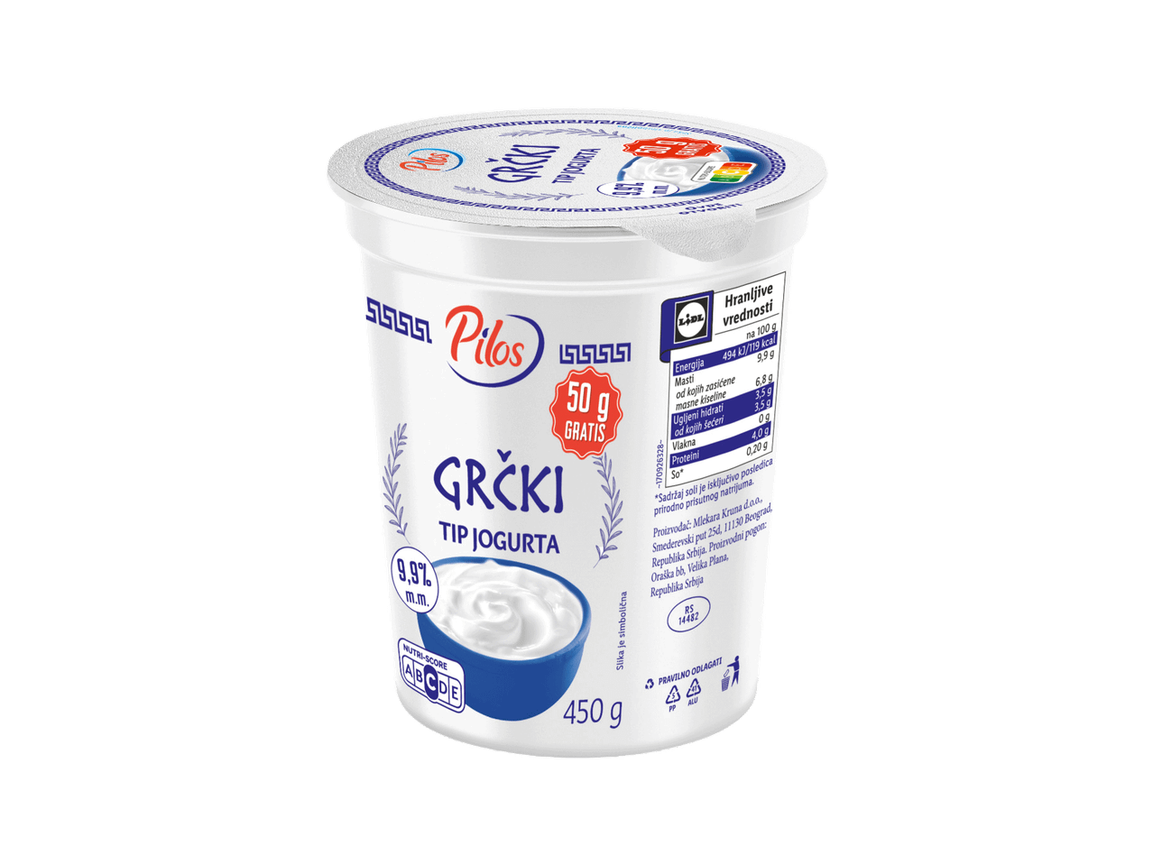 Grčki jogurt sa 9,9% mlečne masti, 450g + 50g gratis, sa nutritivnim vrednostima i Nutri-Score oznakom.