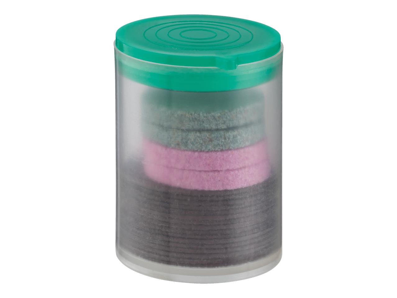 Abrasive discs in a clear container with a green lid.
