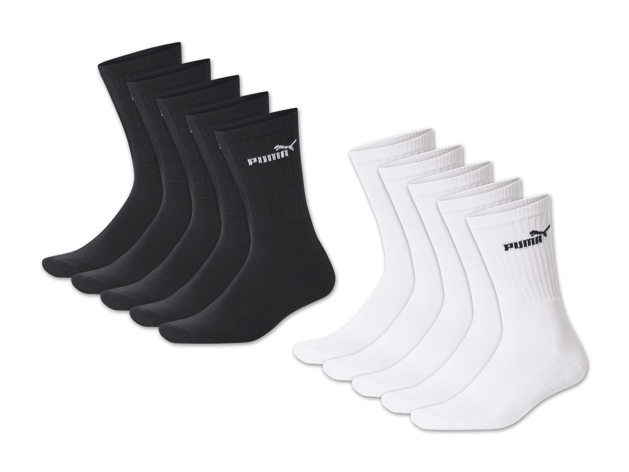 Sechs Paar schwarze und sechs Paar weiße Socken mit Logo.